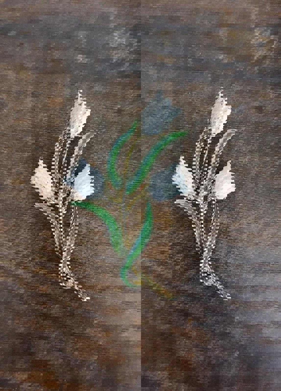 1950's White Three Tulips Enamel Brooch Signed Gerry's