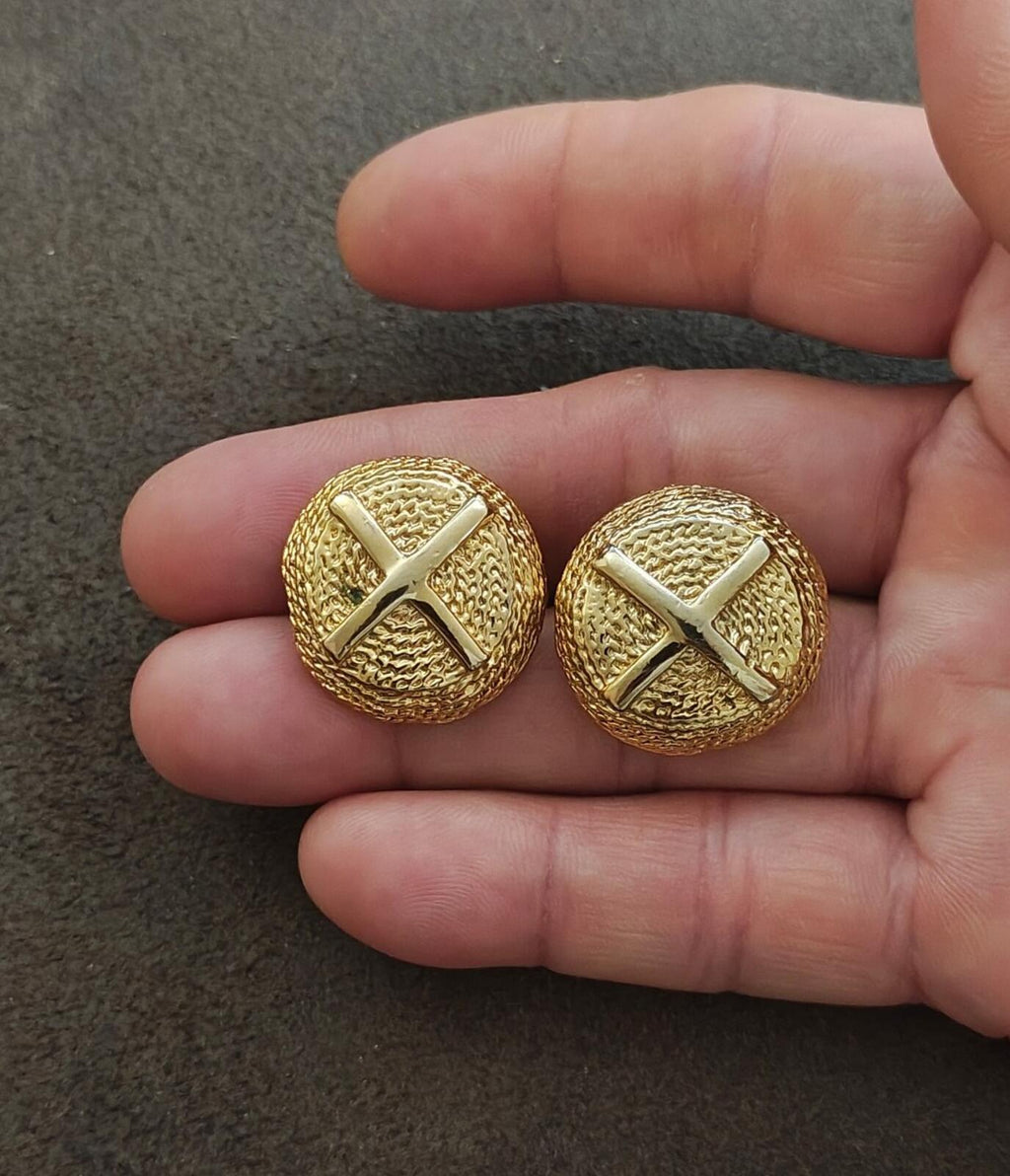 1980s Gold Tone Domed Textured Classic X Design Clip On Earrings