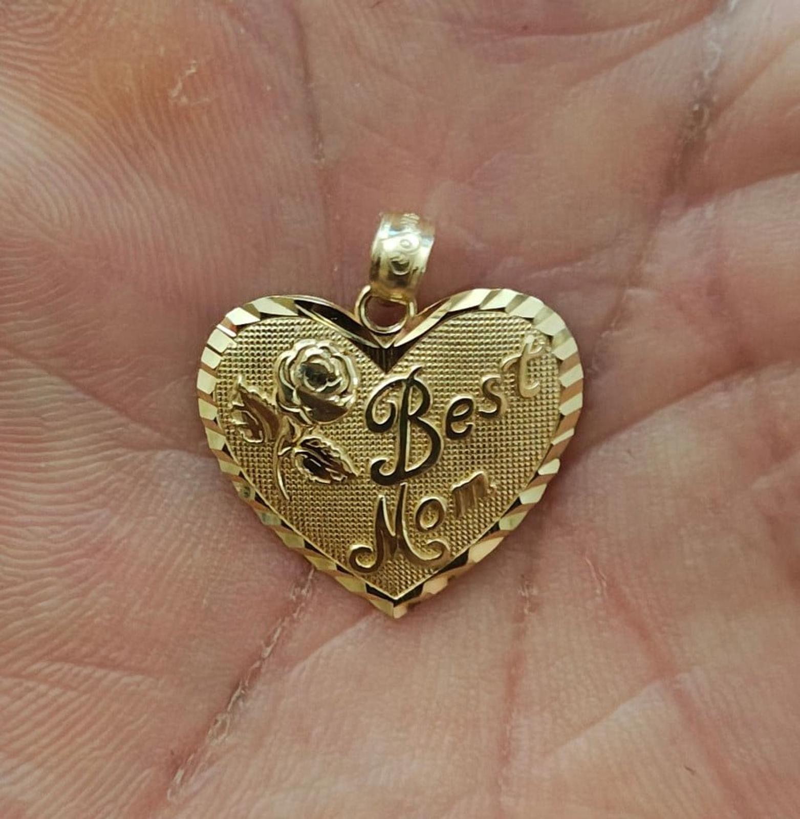 14k yellow gold heart pendant charm with “Best Mom” text and rose detail