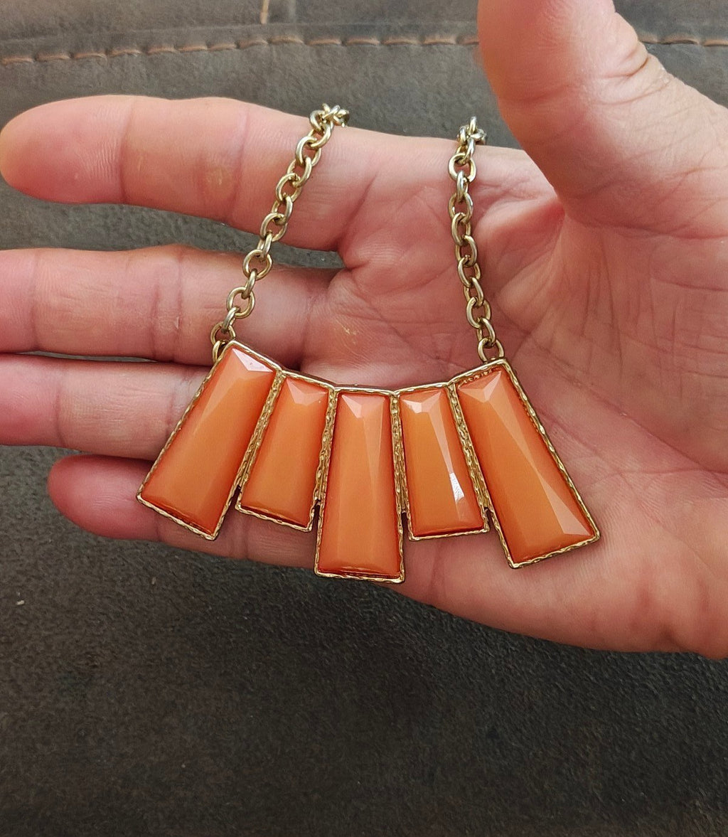 Orange Resin Geometric Bib Statement Necklace.