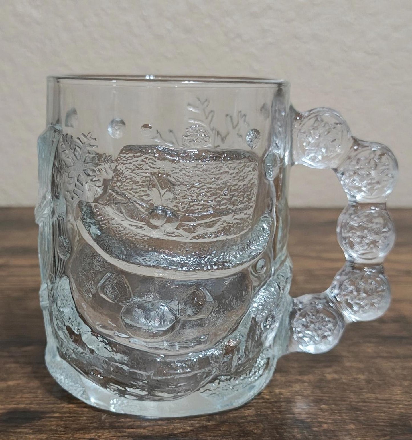 1980s Luminarc Snowman With Snowflakes 3D Embossed Clear Glass Mug