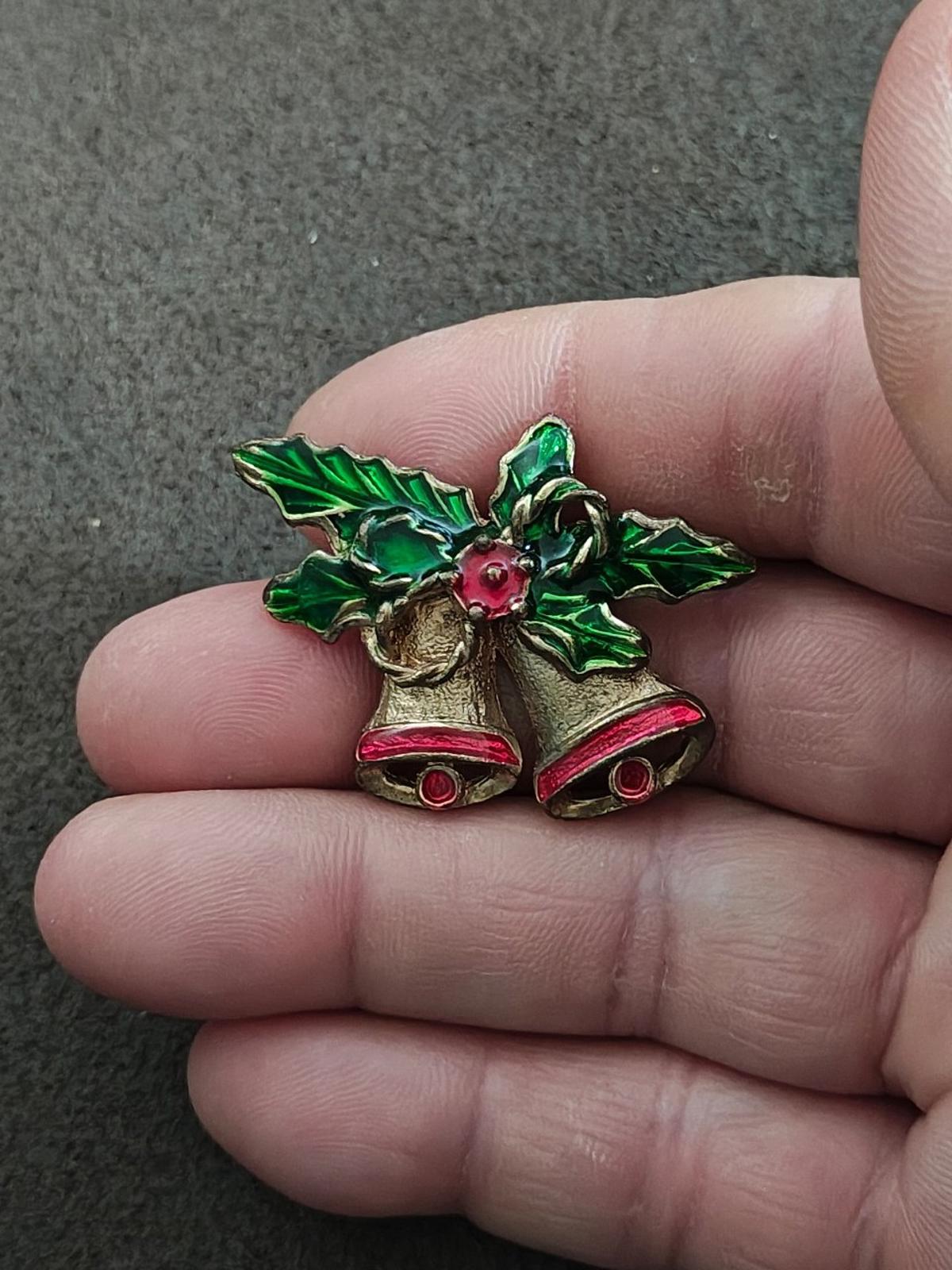 1970s Gold Tone Enamel Christmas Bells Brooch Pin