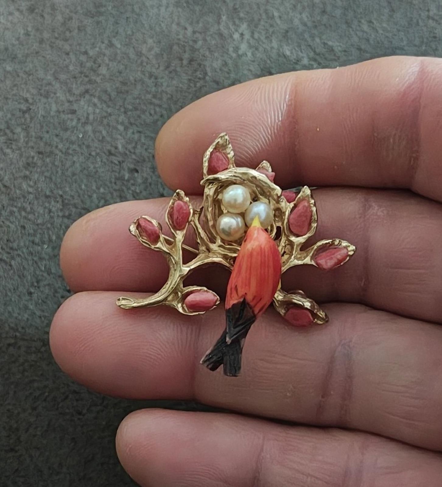 1960's Swoboda Mama Bird in a Nest full of Cultured Pearls Brooch Pin
