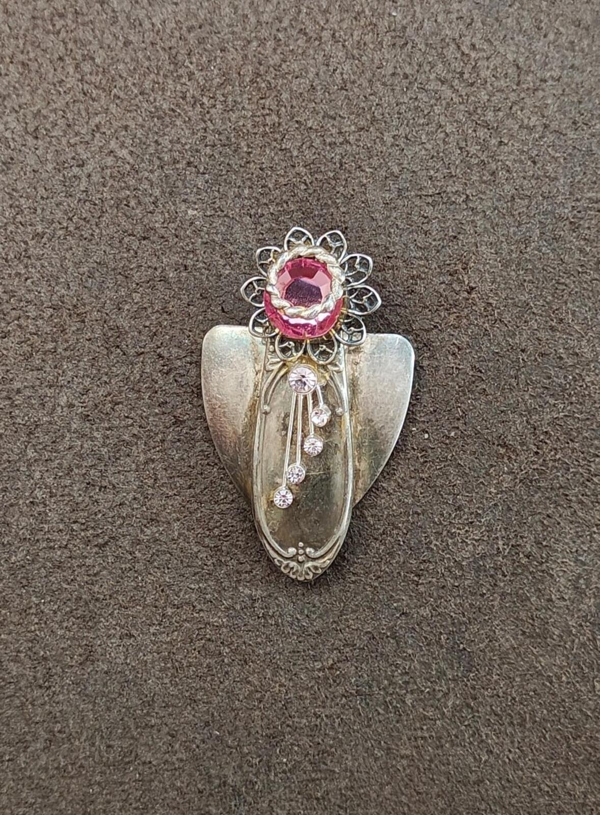 Unique Handcrafted Silver Tone Angel With Rhinestones Brooch