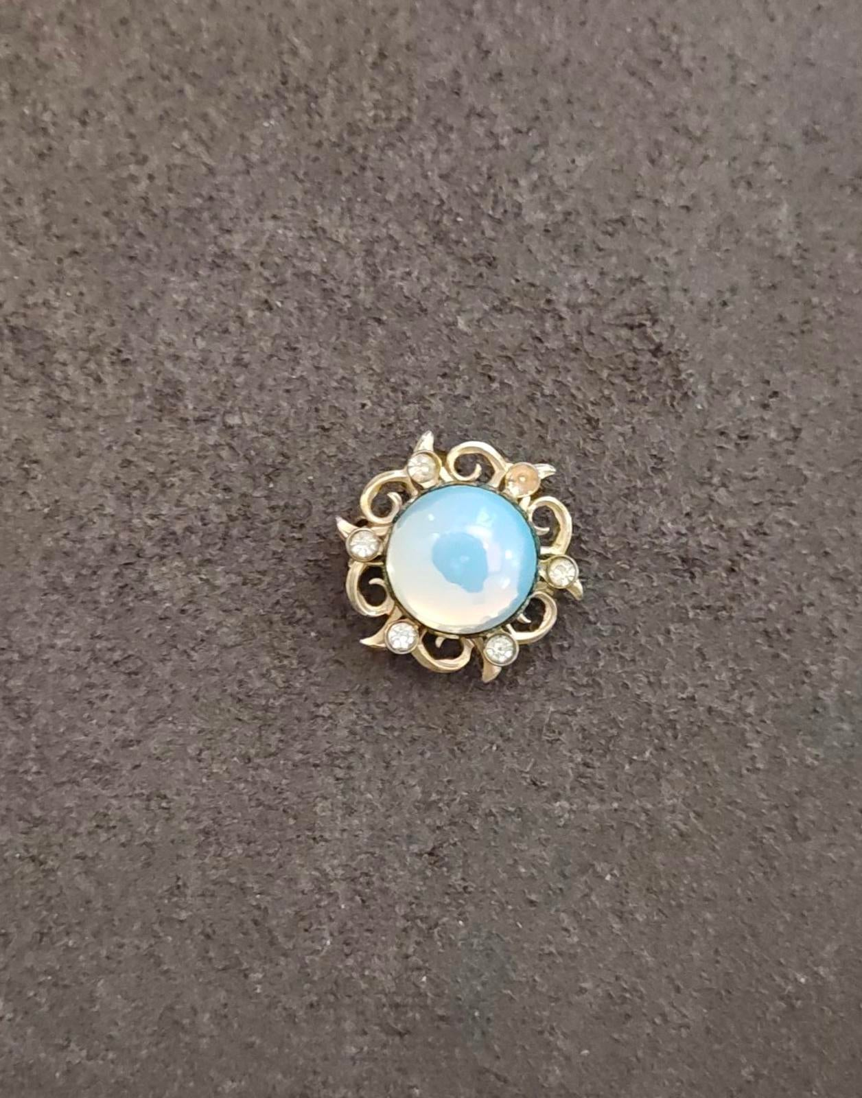 1960s Gold Tone Moonglow Cabochon With Rhinestones Brooch