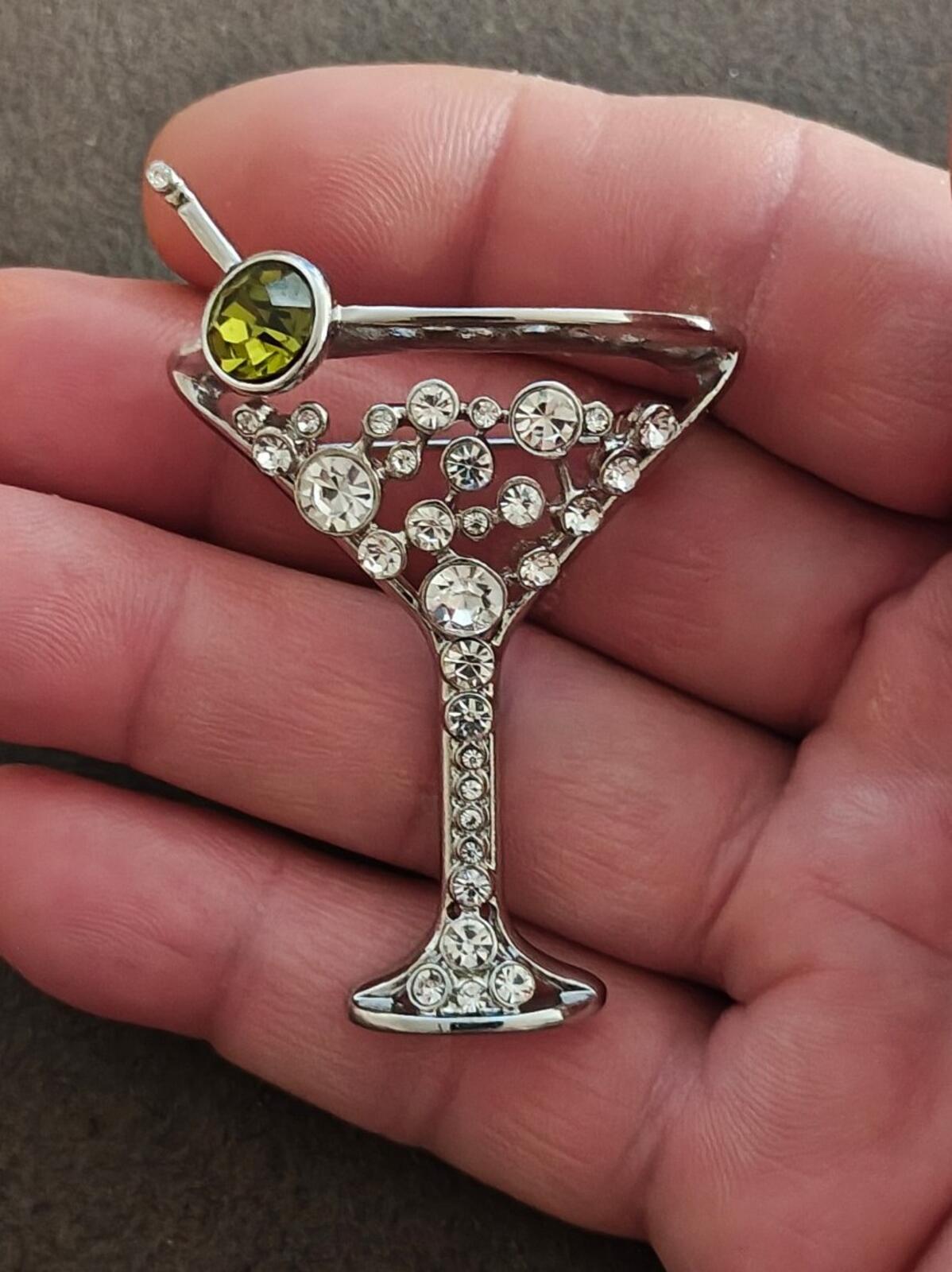 Chico's Silver Tone With Peridot Green Rhinestone Martini Glass Brooch
