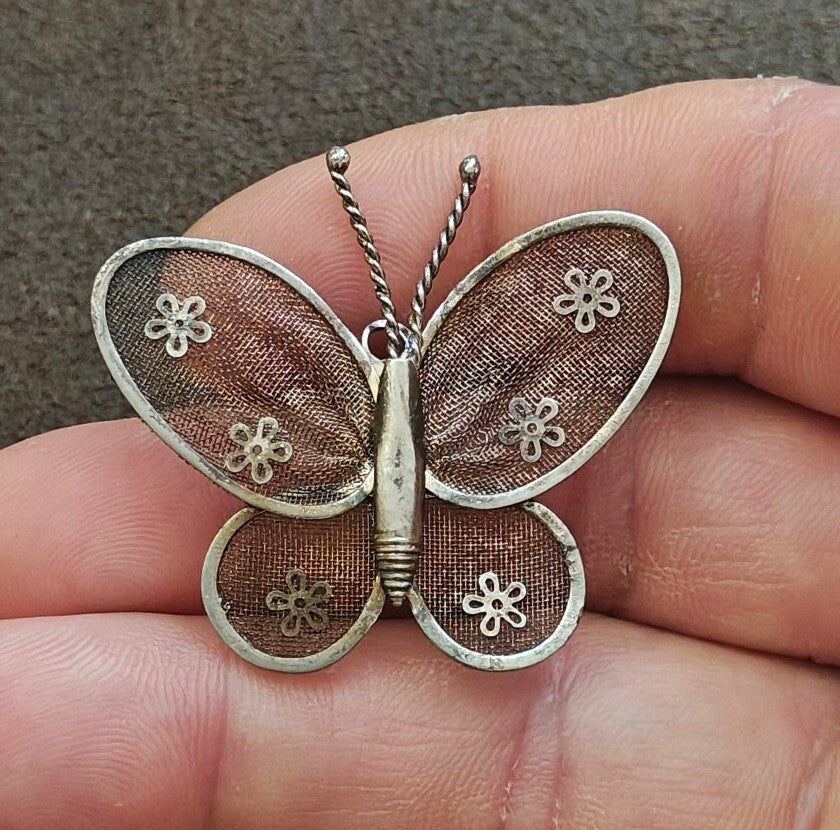 1960s/70s Silver Tone Mesh Butterfly Brooch & Pendant-Dual-Use Pin