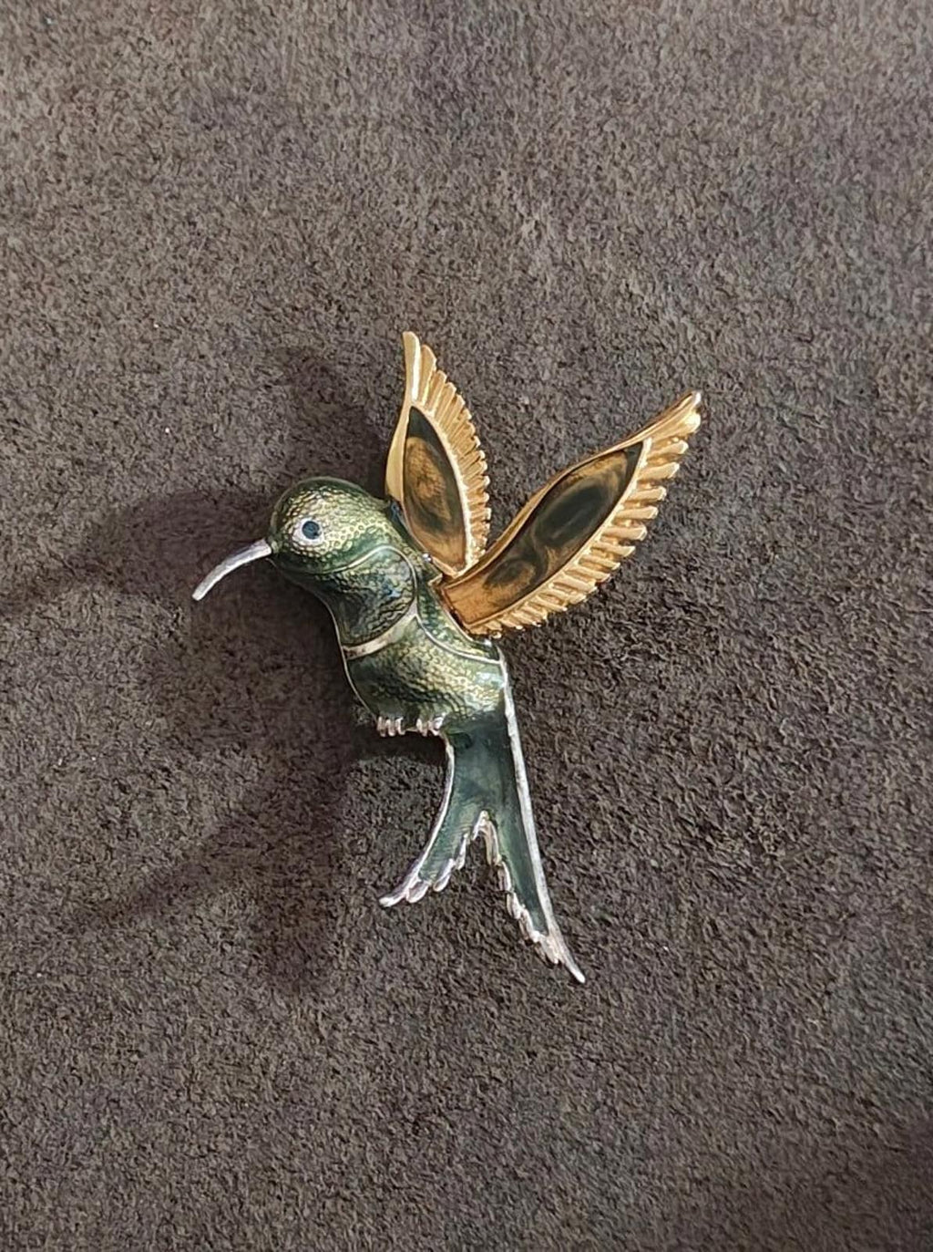 1980's Silver And Gold Tone With Green Enamel Hummingbird Brooch Pin