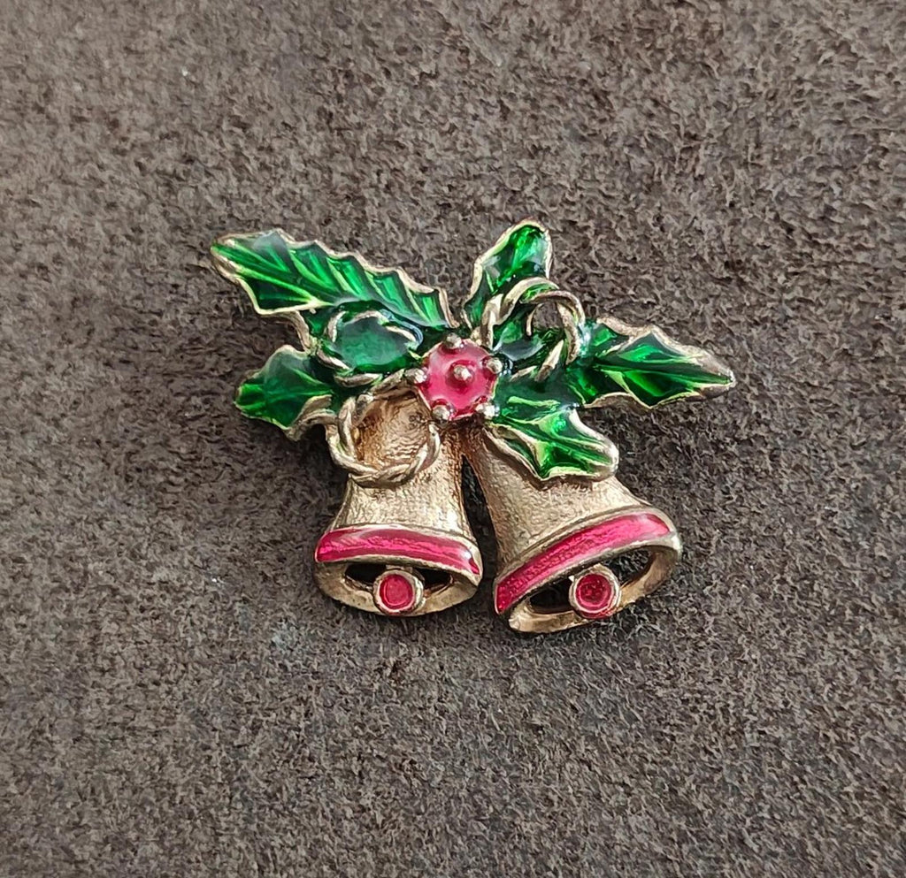 Christmas bell enamel brooch, green leaves with red berries and two red-lined bells