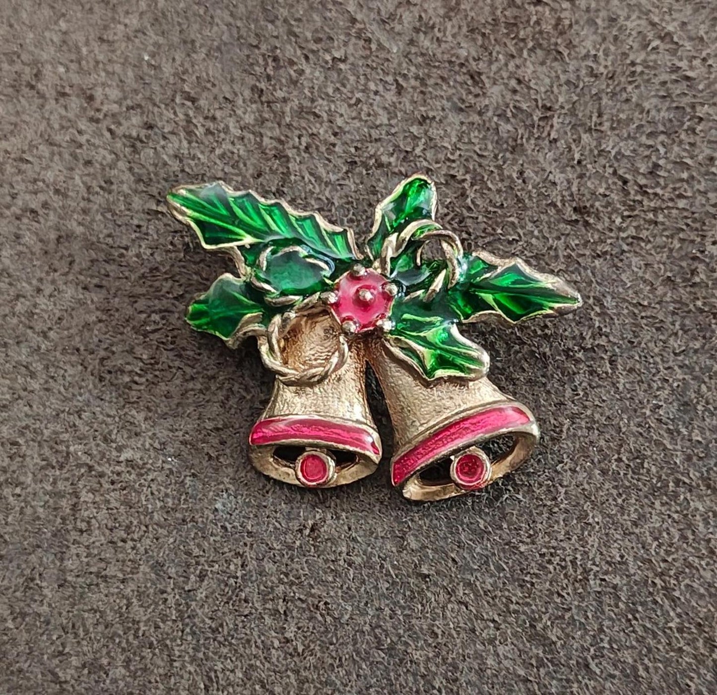 1970s Gold Tone Enamel Christmas Bells Brooch Pin