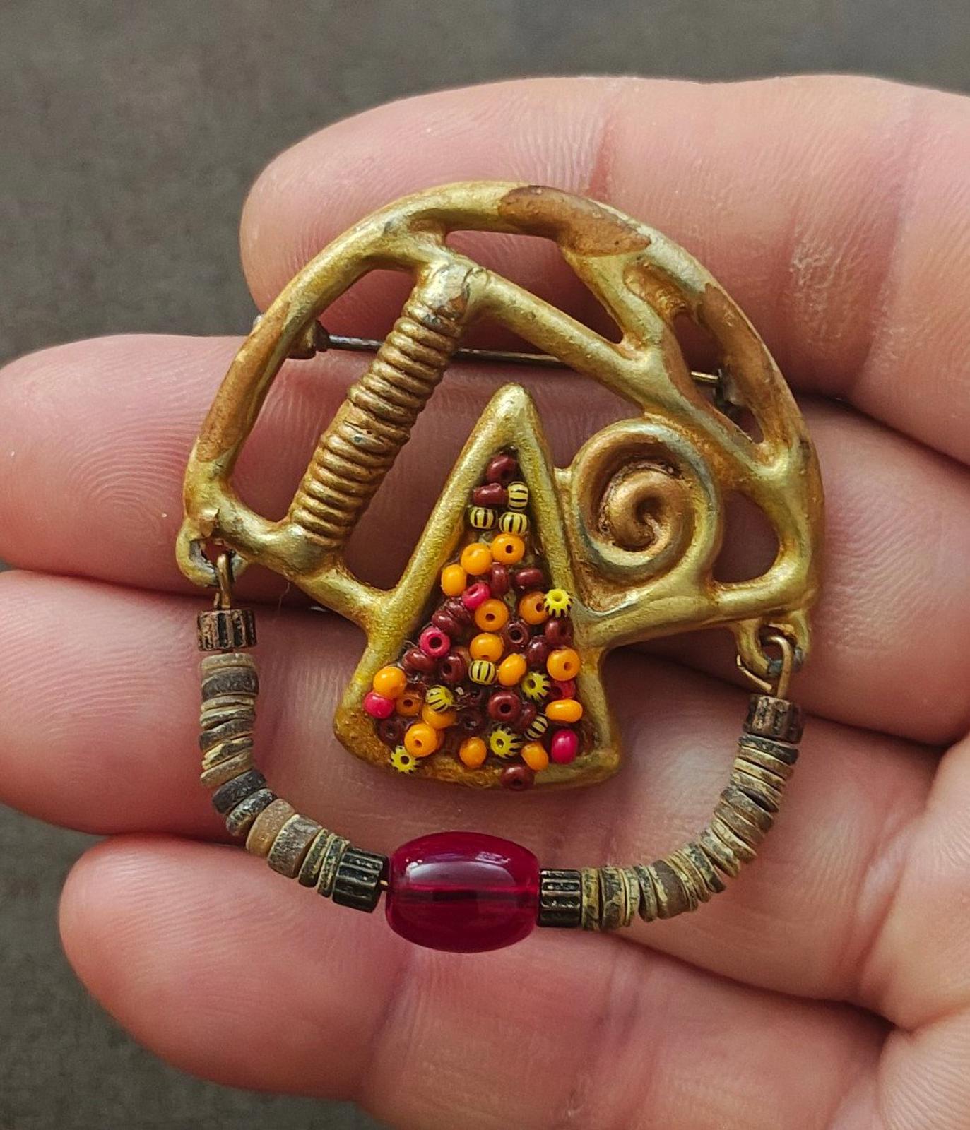 Articulated Abstract Modernist With Heishi Beads & Colorful Stones Brooch