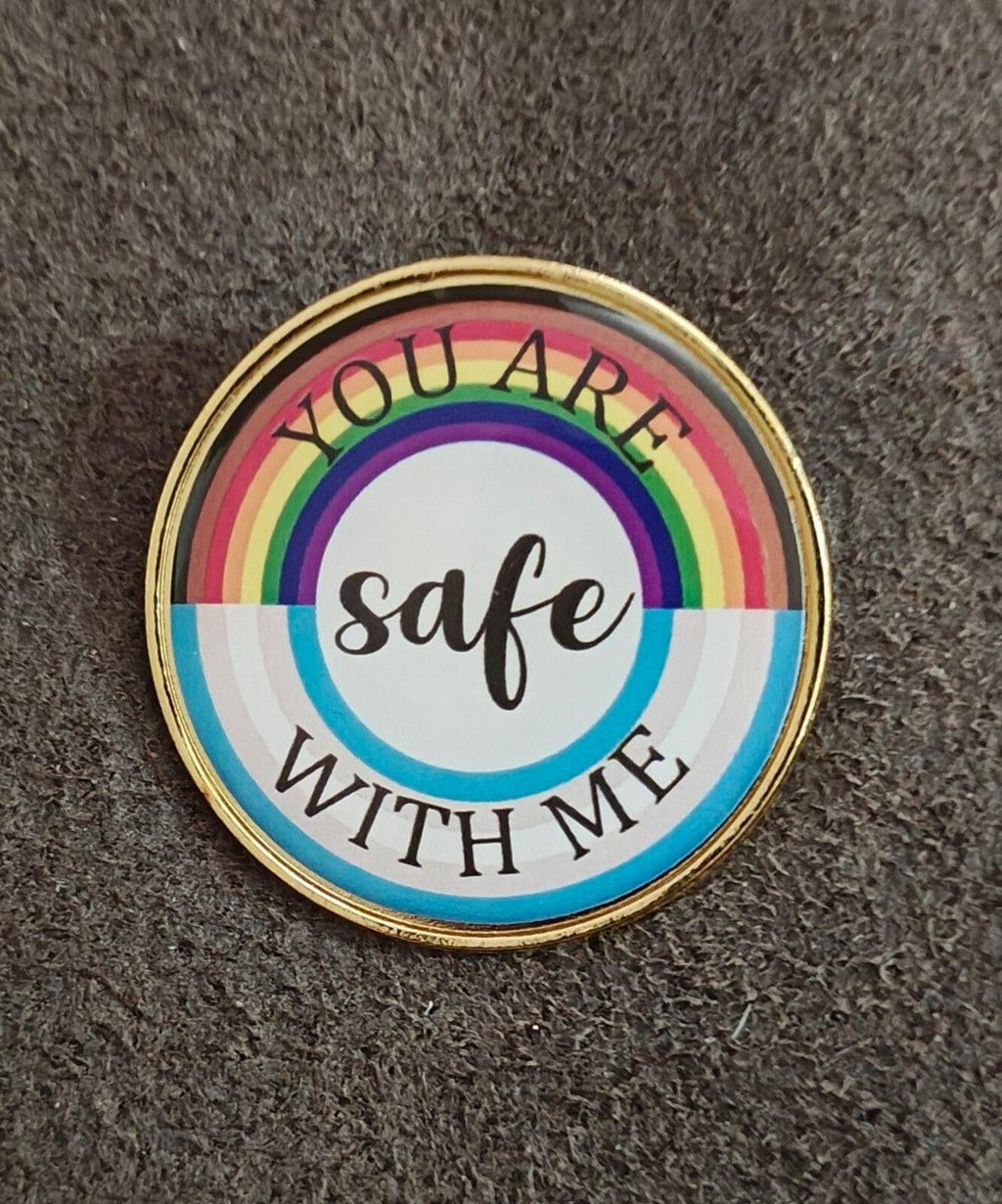 You Are Safe With Me LGBT Rainbow Pride Enamel Gold Tone Pin.