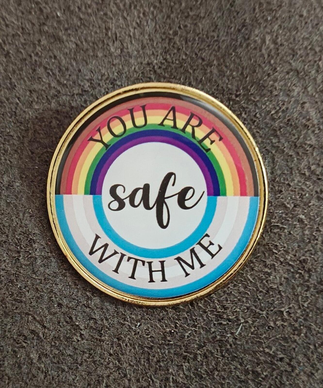 You Are Safe With Me LGBT Rainbow Pride Enamel Gold Tone Pin.