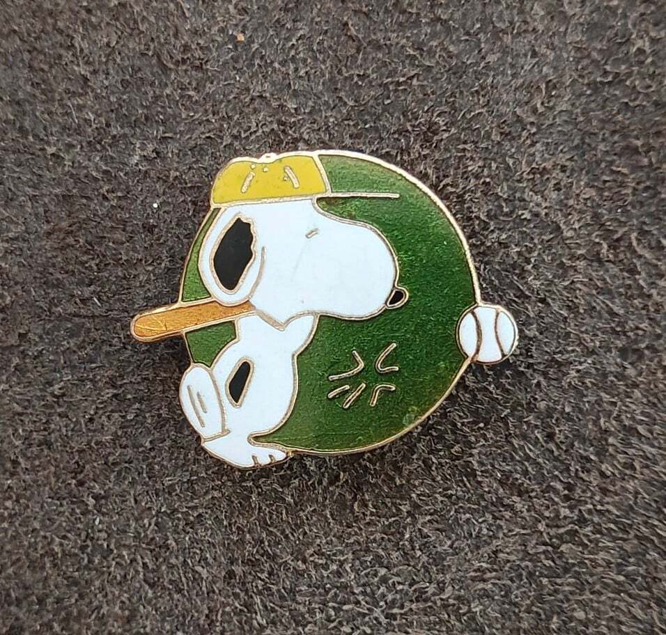 1970s Peanuts Snoopy Baseball Cloisonné Gold Tone Enamel Pin.