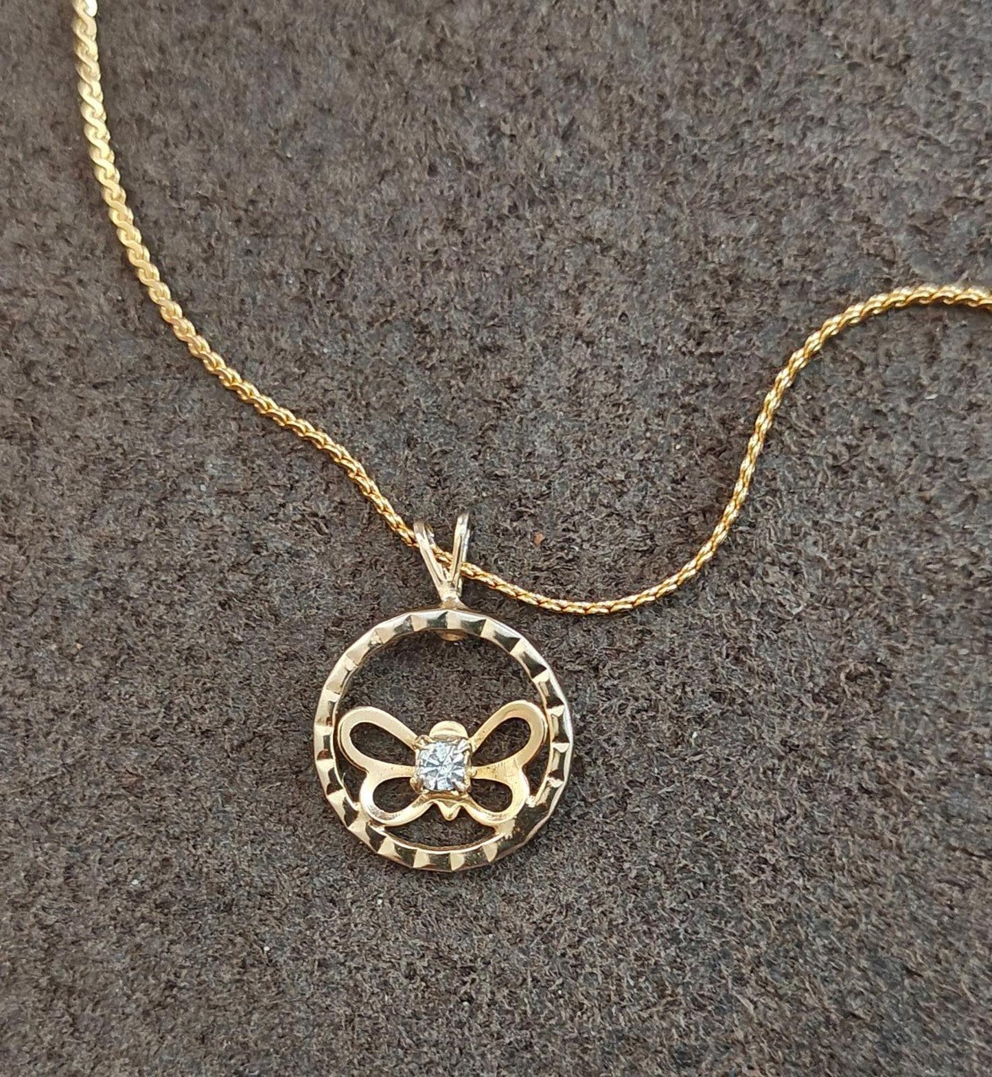 1980's Open Circle Butterfly With Clear Rhinestone Pendant Necklace