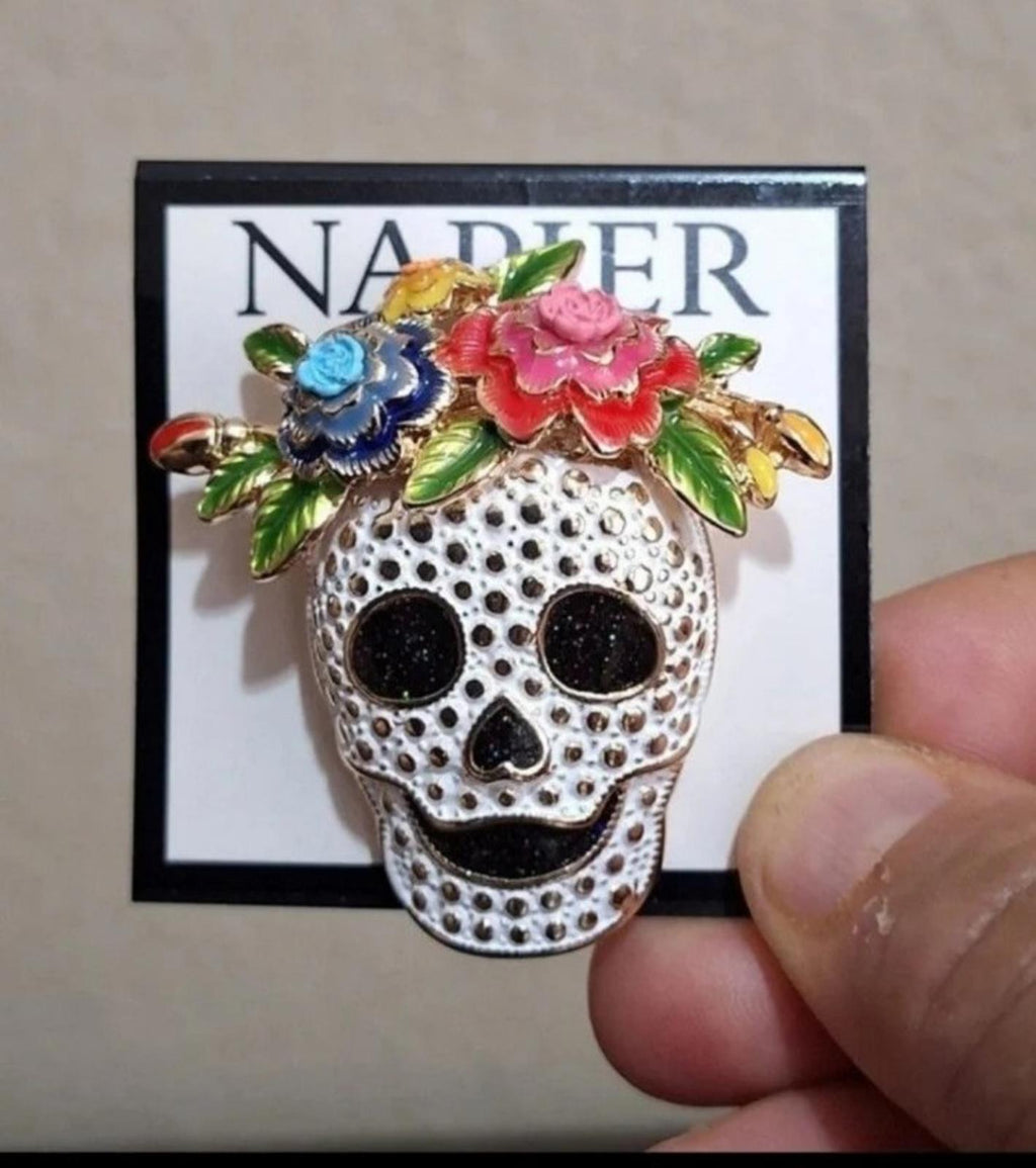 Silver tone sugar skull pin with colorful flowers and black eyes