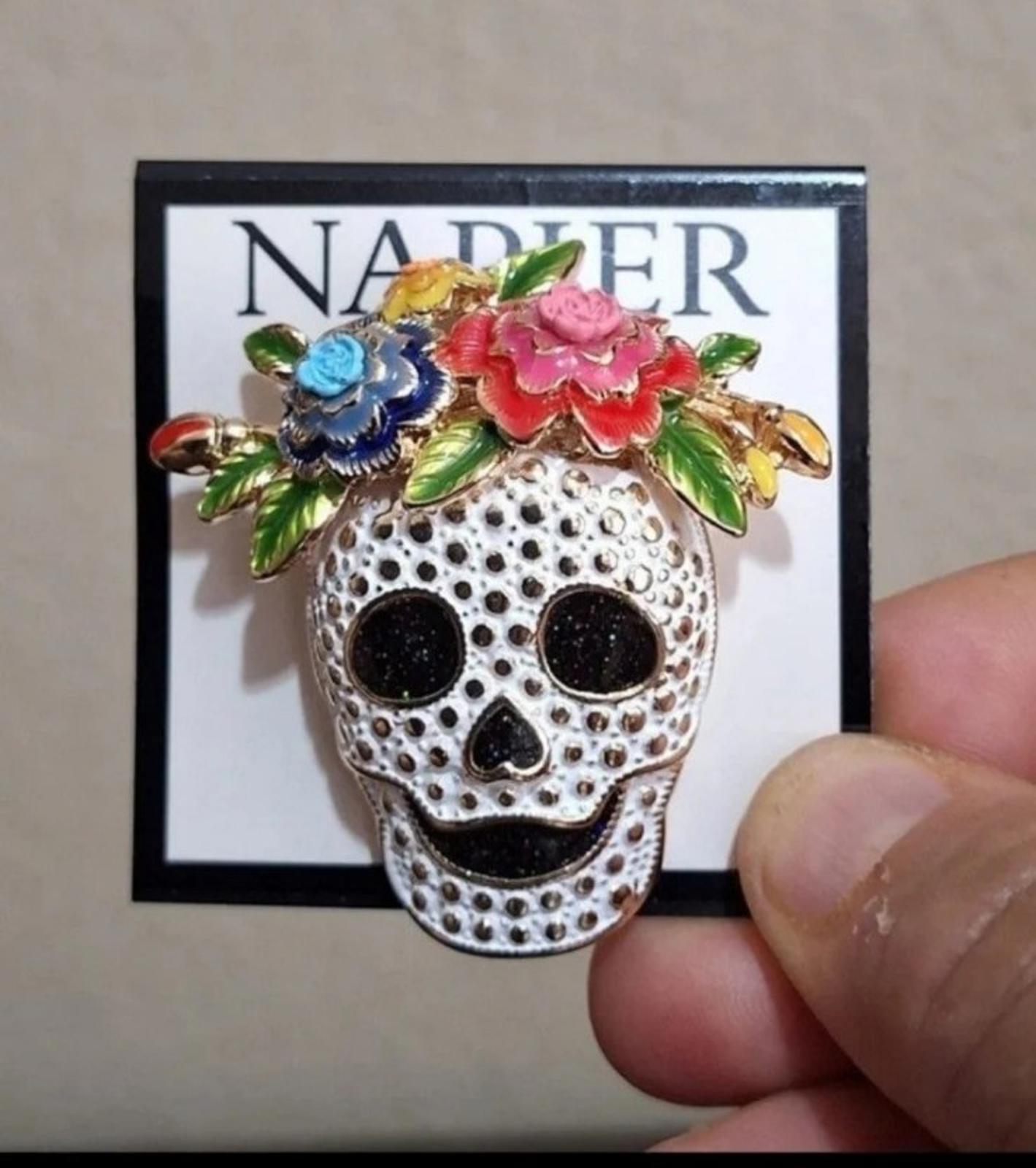 Silver tone sugar skull pin with colorful flowers and black eyes