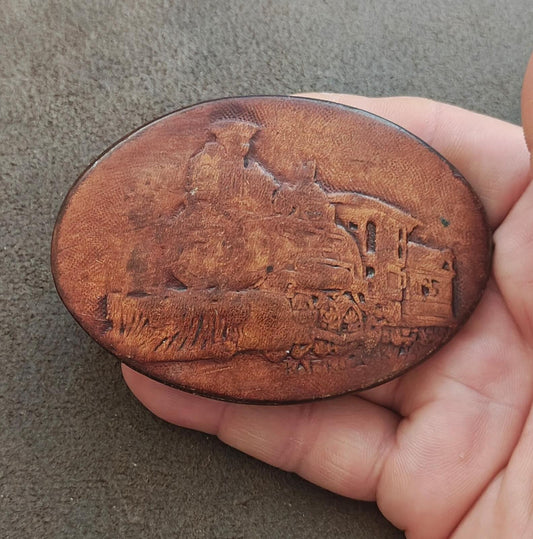 1987 Leather Expressions Steam Locomotive Train Belt Buckle