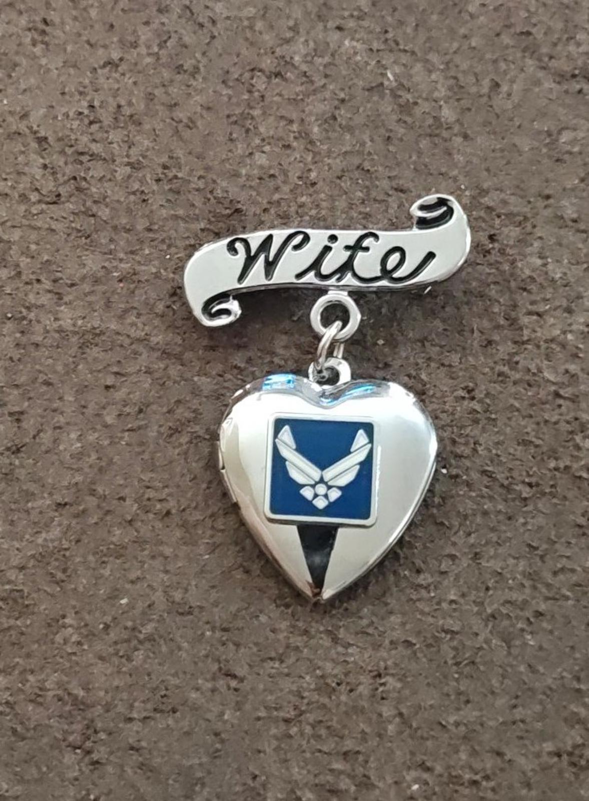 U.S. Air Force Wife Silver Tone With Blue & White Enamel Dangle Brooch Locket