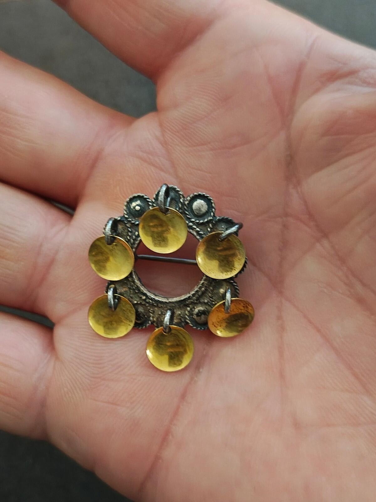 40s Sterling Silver Filigree Norwegian Sølje Brooch With Dangling Gilded Discs