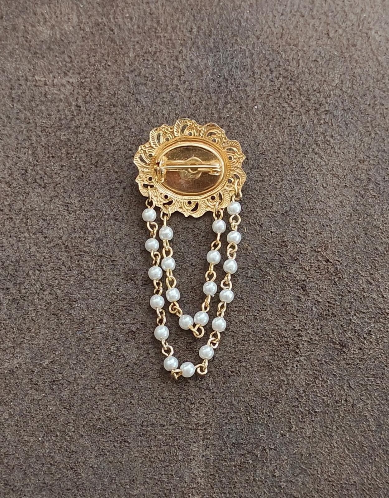 1980s Gold Tone Filigree Chatelaine Brooch With a Center Faux Pearl