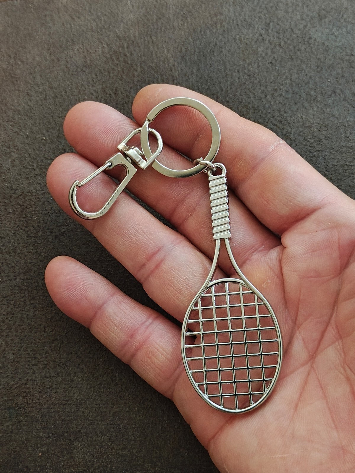 Silver Tone Novelty Tennis Racket Keychain Bag Charm