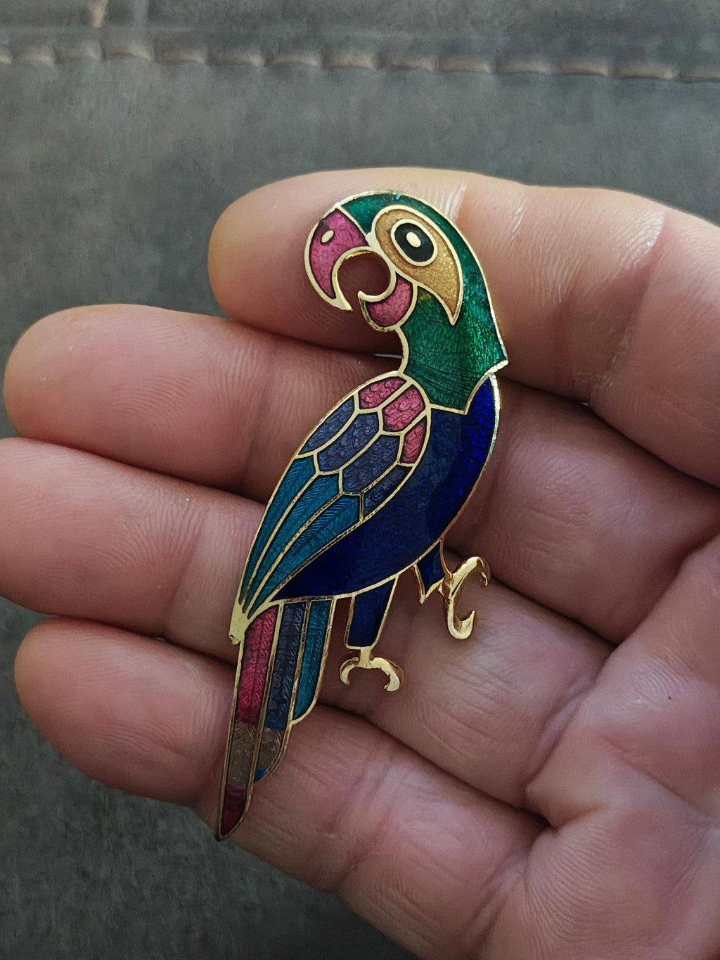 1980s Vintage Gold Tone Cloisonné Enamel Parrot Brooch Pin