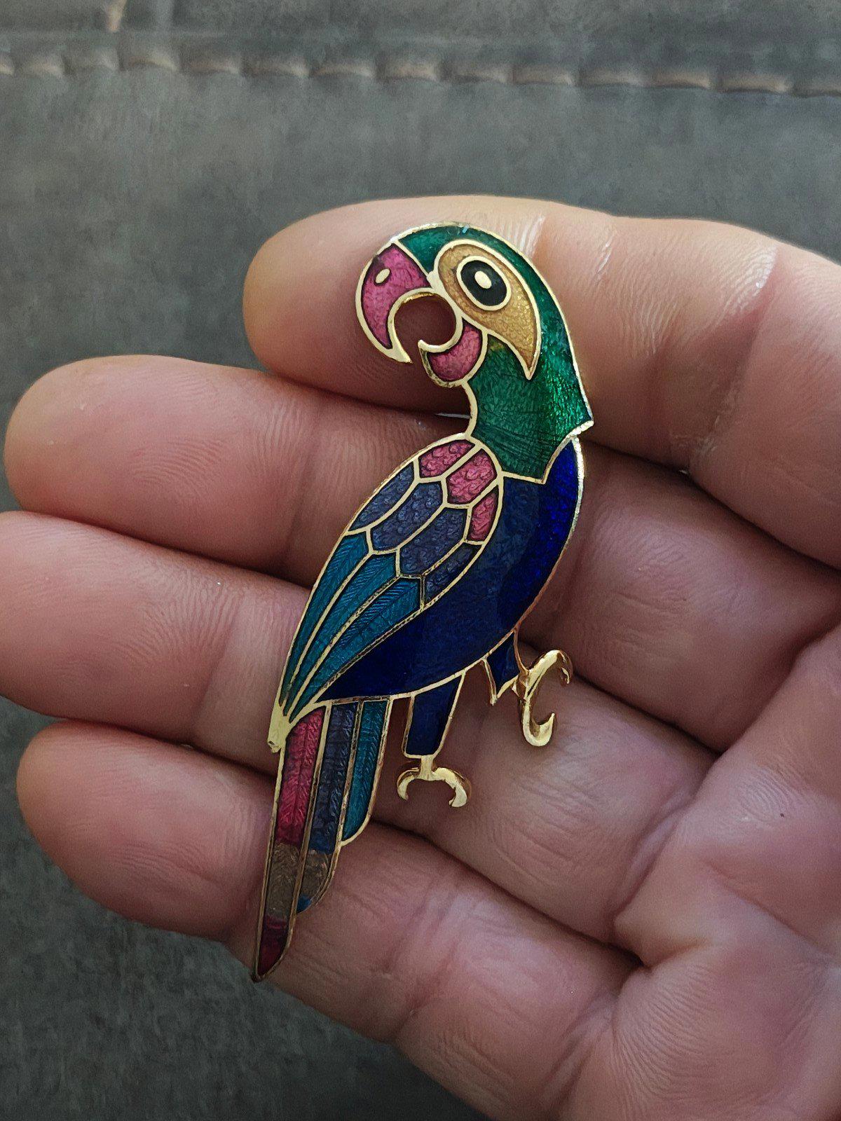 1980s Vintage Gold Tone Cloisonné Enamel Parrot Brooch Pin