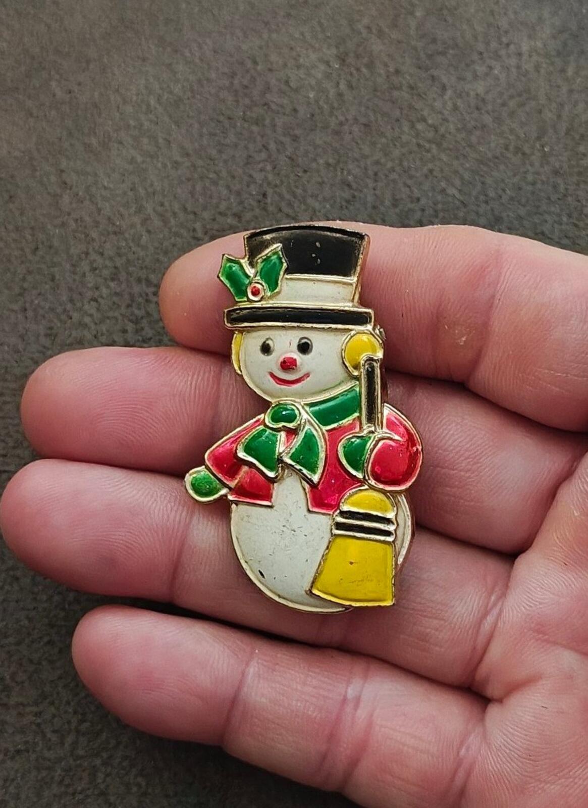 1970s Christmas Snowman Plastic & Painted Enamel Brooch