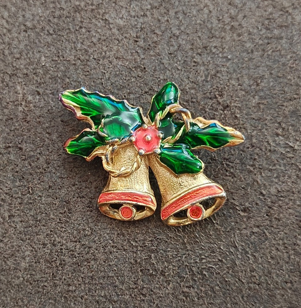 1970s Vintage Gold Tone Enamel Christmas Bells Brooch Pin