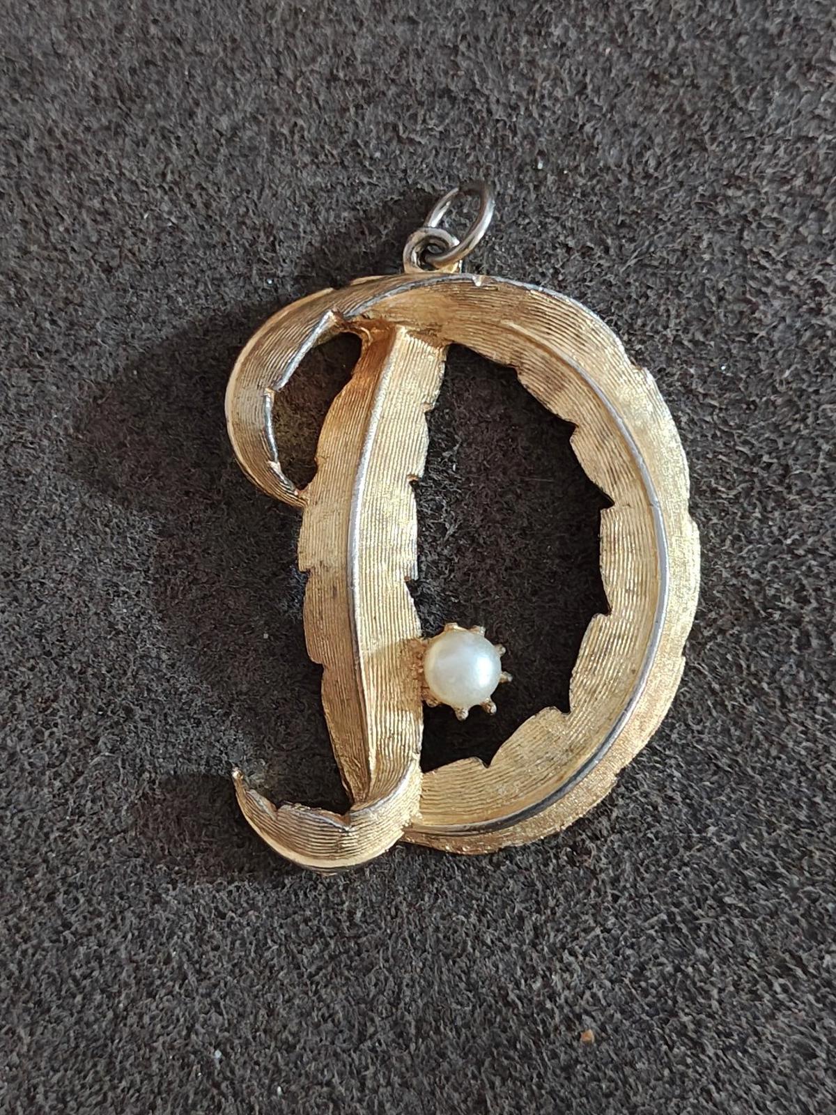 1980's Signed BSK Monogram Initial D With Pearl Gold Tone Pendant