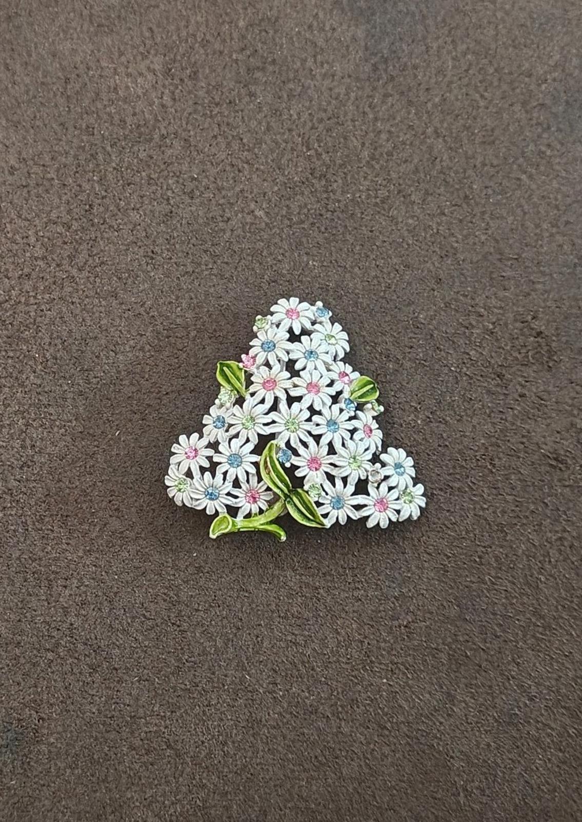 1960s Gold Tone White Flowers & Pink Blue Green Rhinestones Brooch