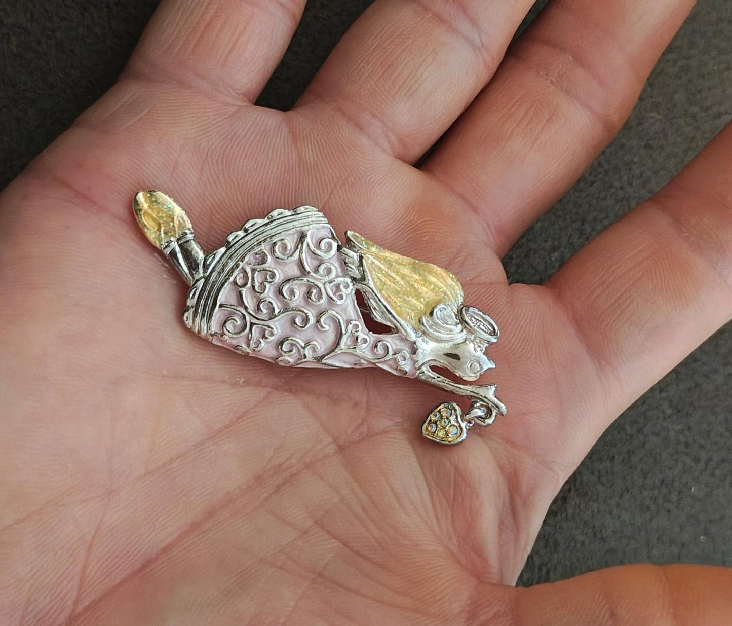 1980s Vintage Signed AAI Silver Tone Enamel Angel Brooch Pin