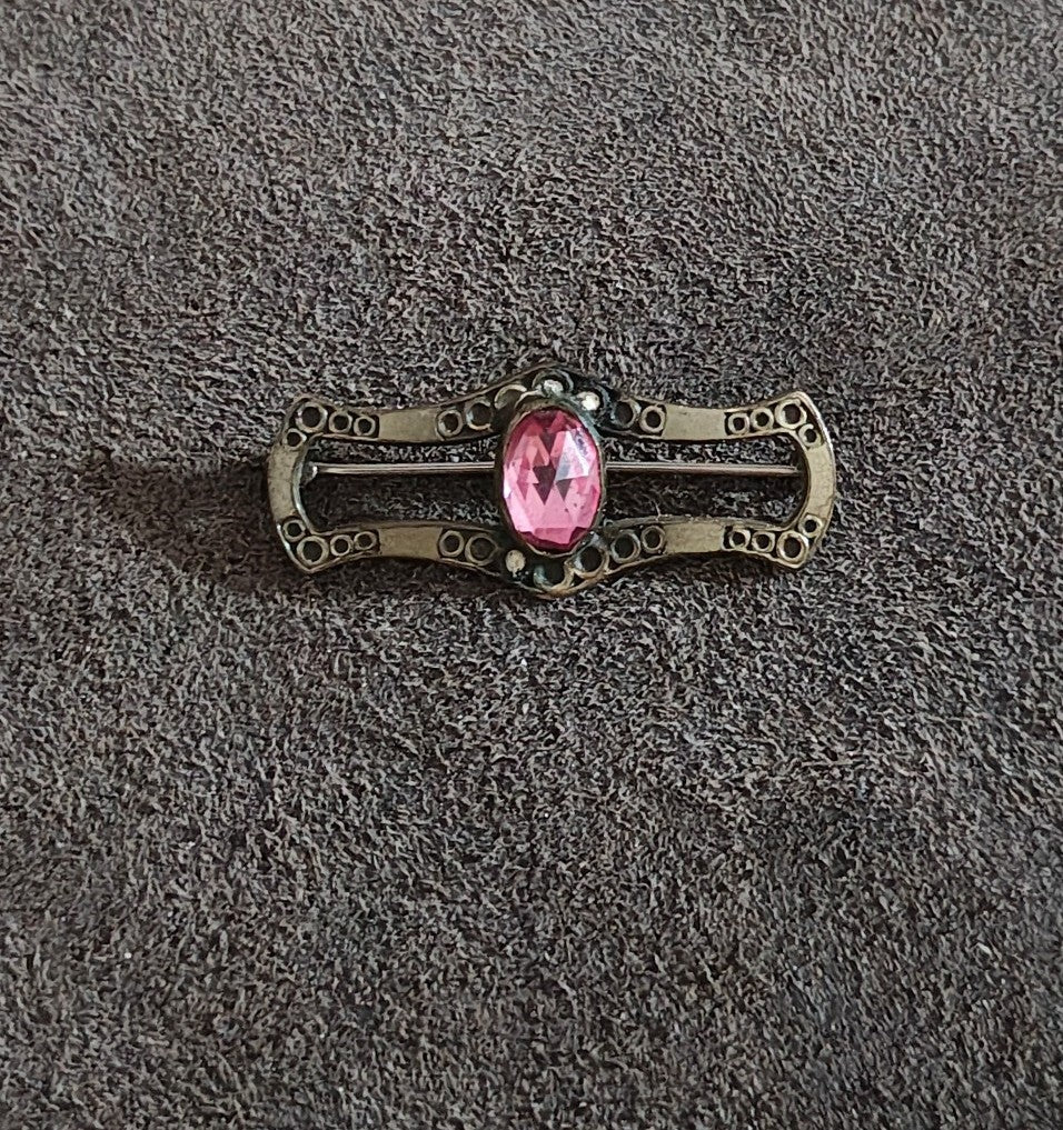 Beautiful Antique 1900s Victorian Filigree Gold Tone With Pink Stone Brooch Pin.