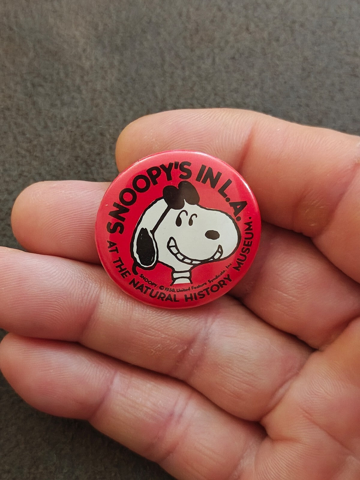 1980s Snoopy's In L.A. At The Natural History Museum Pinback Button