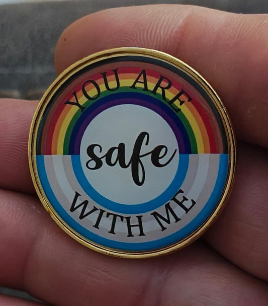 You Are Safe With Me LGBT Rainbow Pride Enamel Gold Tone Pin.