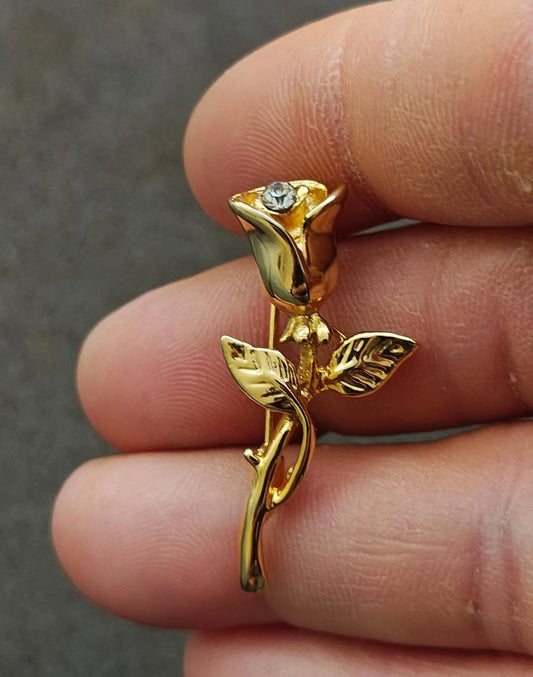 1980s Textured Gold Tone Rose With Rhinestone Brooch