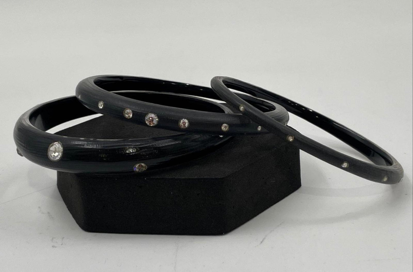 3 Alexis Bittar Smokey Gray Black Lucite Bangles With Crystal Embellishments