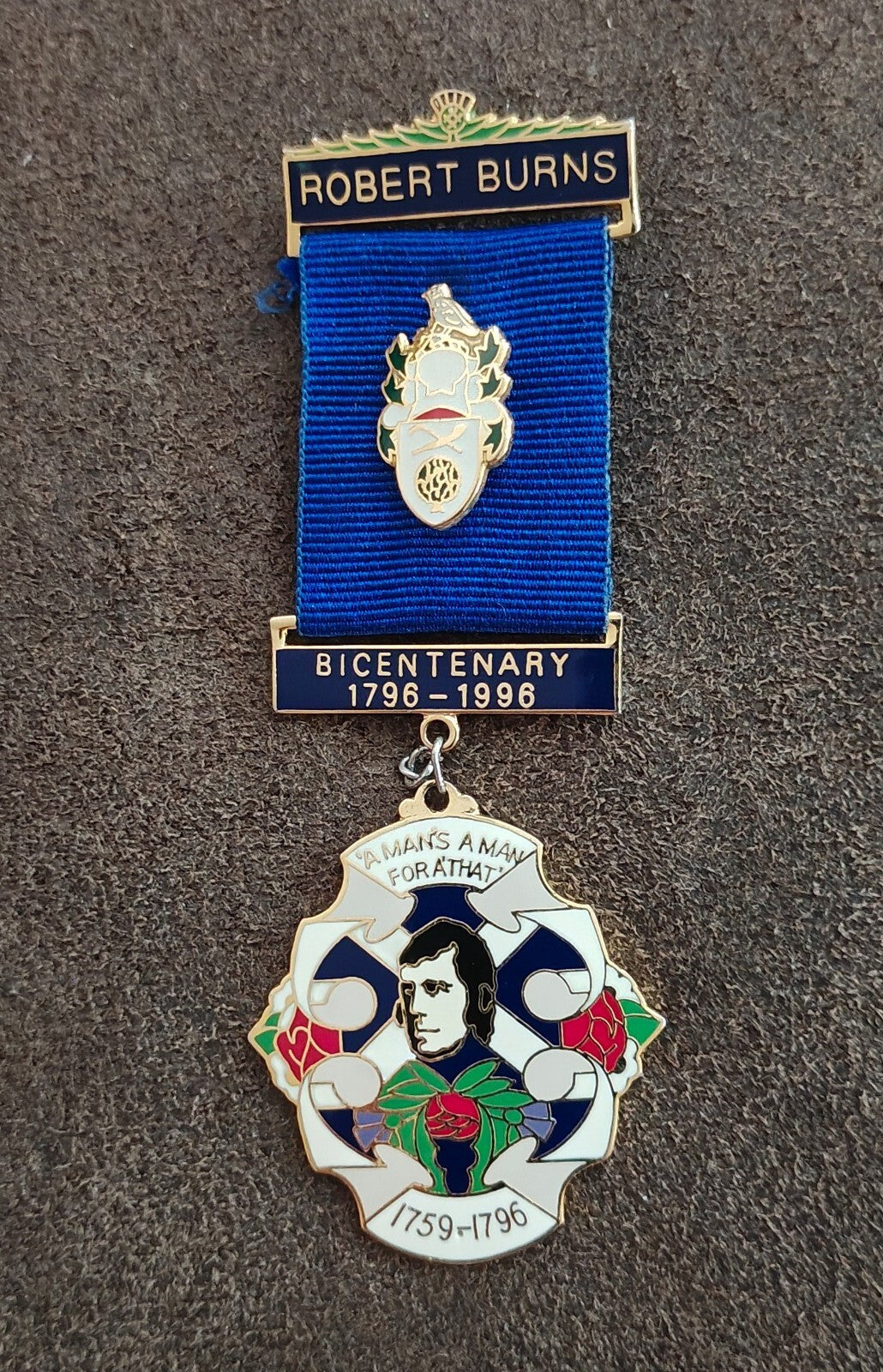 1996 Robert Burns Bicentenary Commemorative Medal Ribbon Badge Pin