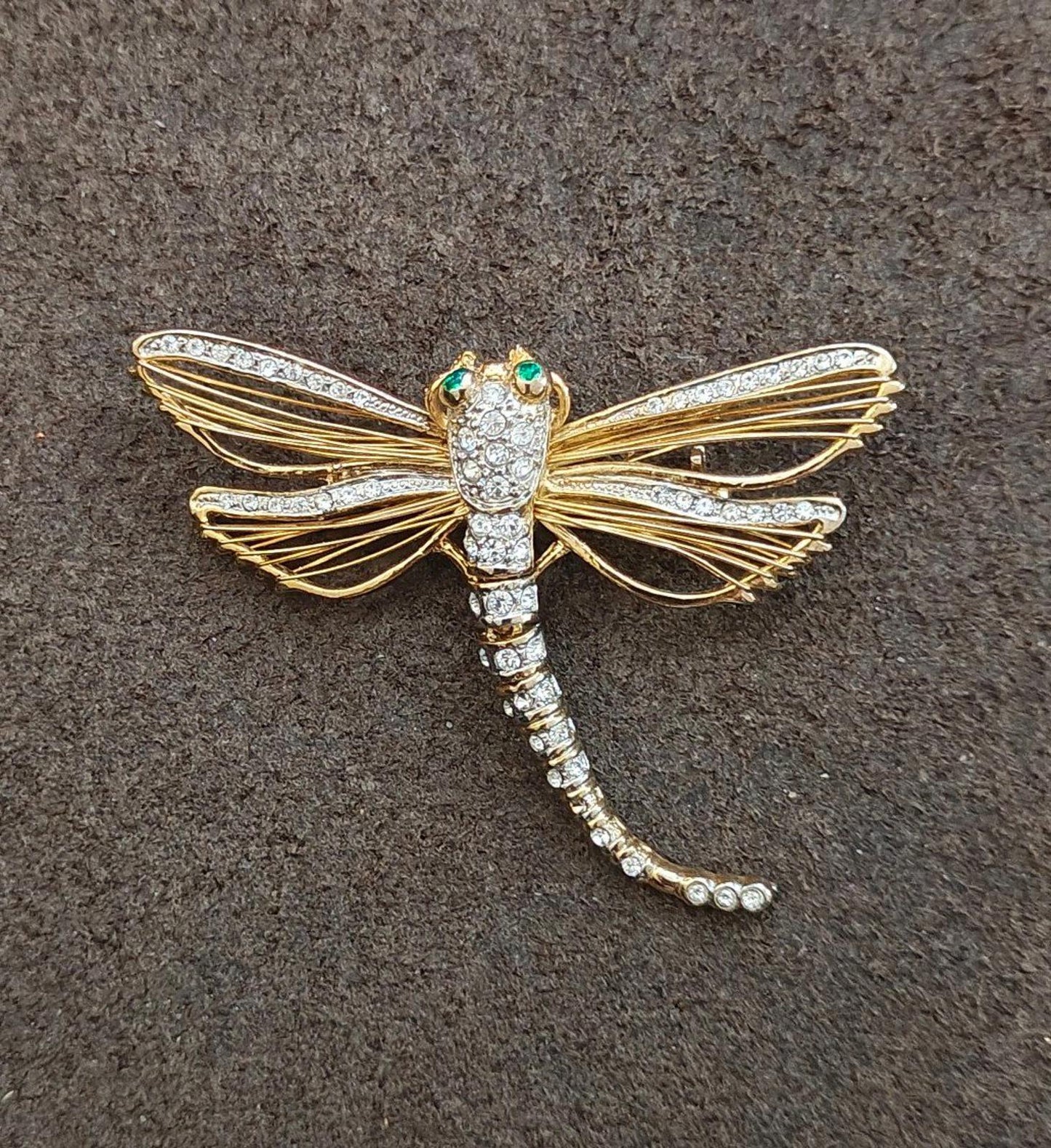 1990's Gold Tone With Clear Rhinestones and Green Enamel Eyes Dragonfly Pin