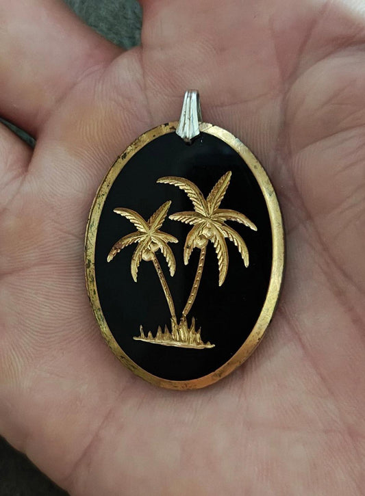 1980's Palm Trees On German Glass Intaglio Gold Tone Pendant