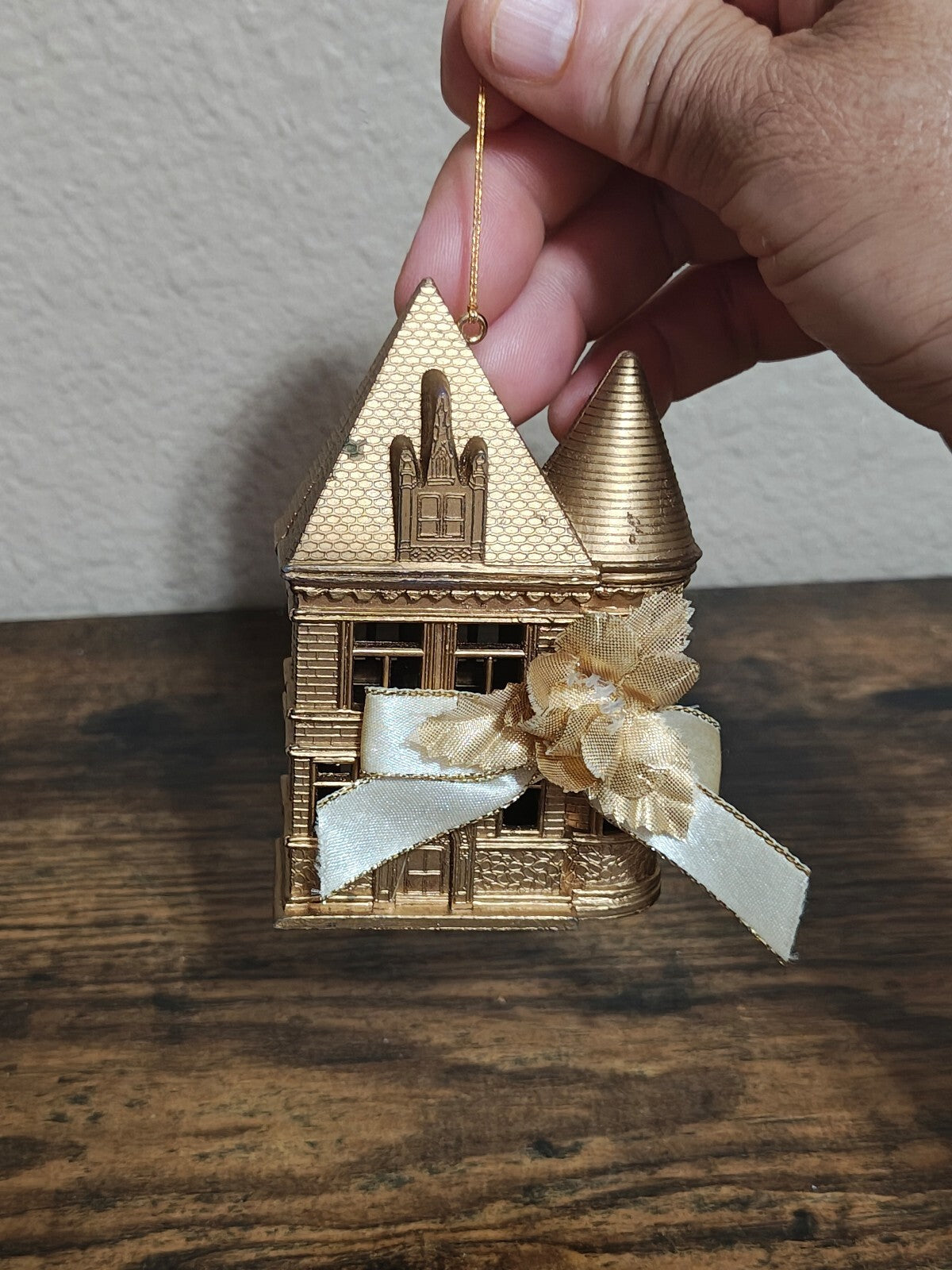 1980s Molded Gold Tone Plastic Victorian Style House Ornament