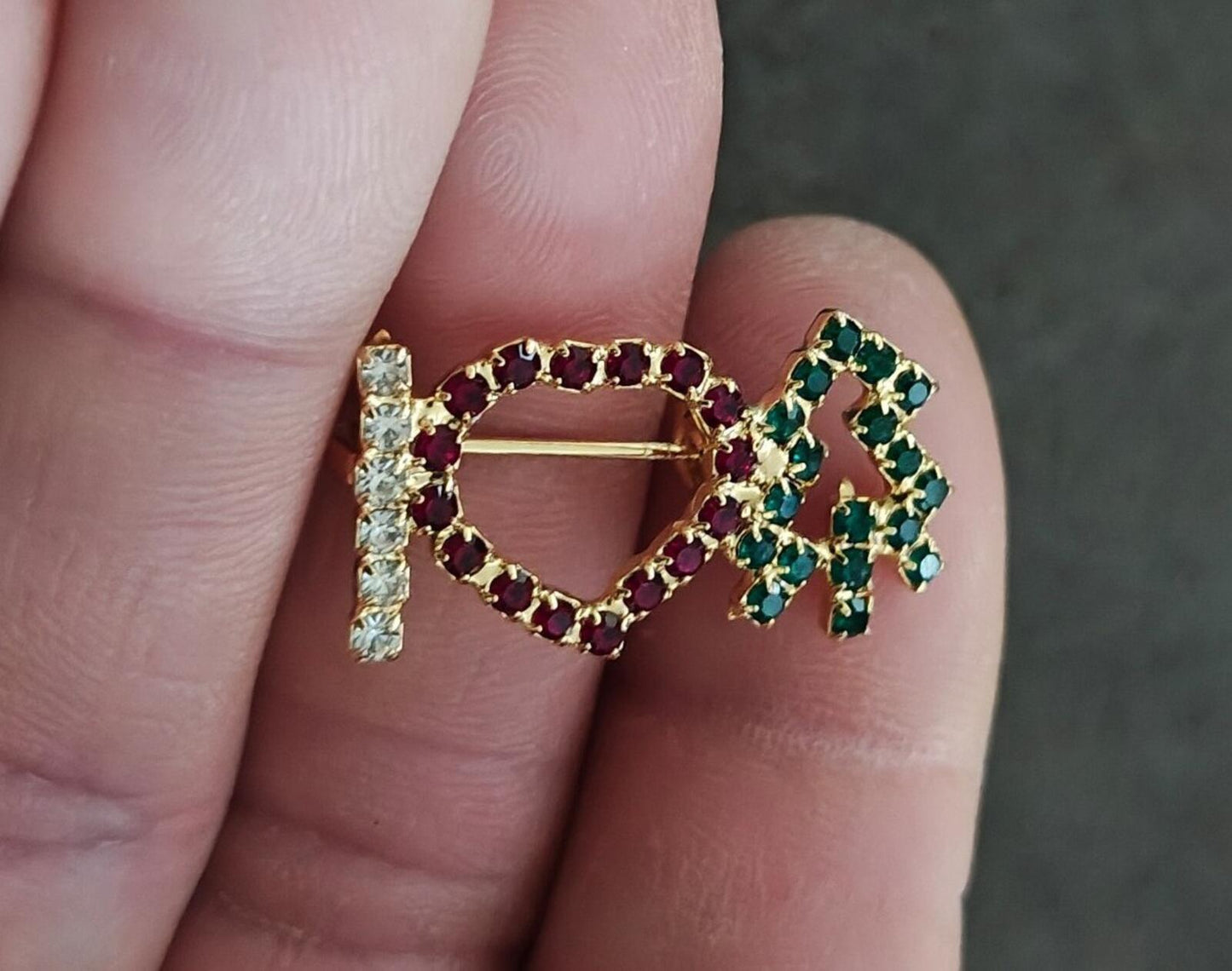 1980s "I Heart Christmas Tree" Gold Tone With Multi Colored Rhinestones Brooch