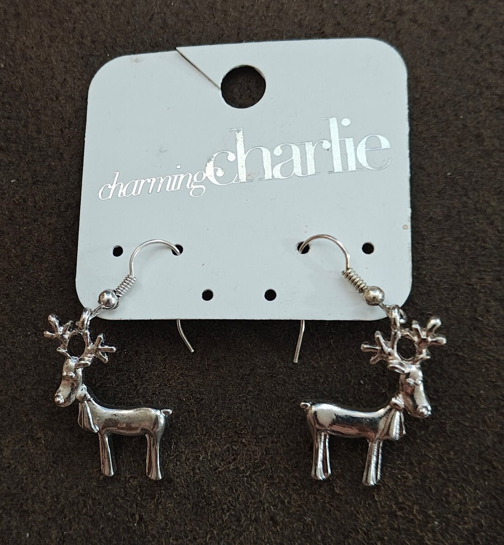 Charming Charlie Vintage Style Silver Reindeer Dangle Earrings