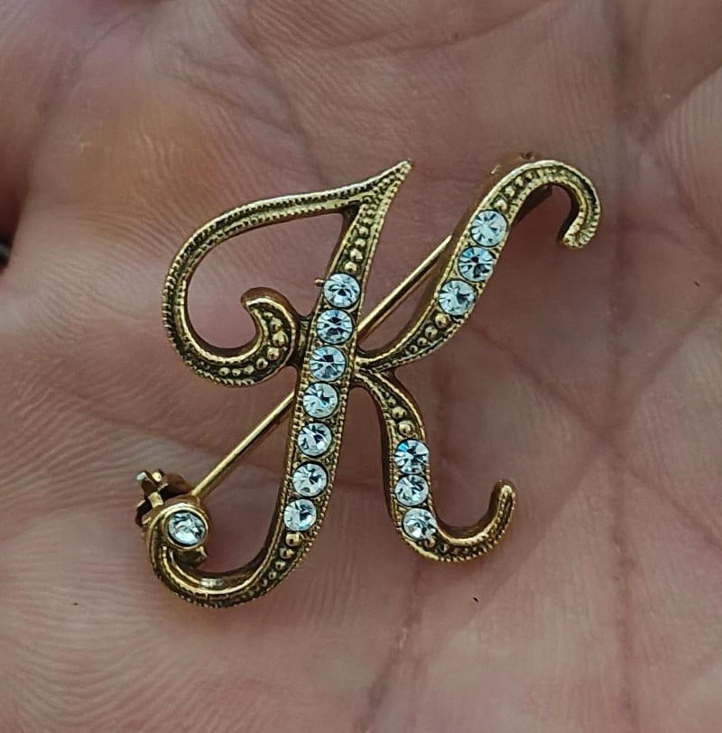 1980's Monogram Initial K with Rhinestones Gold Tone Brooch Pin