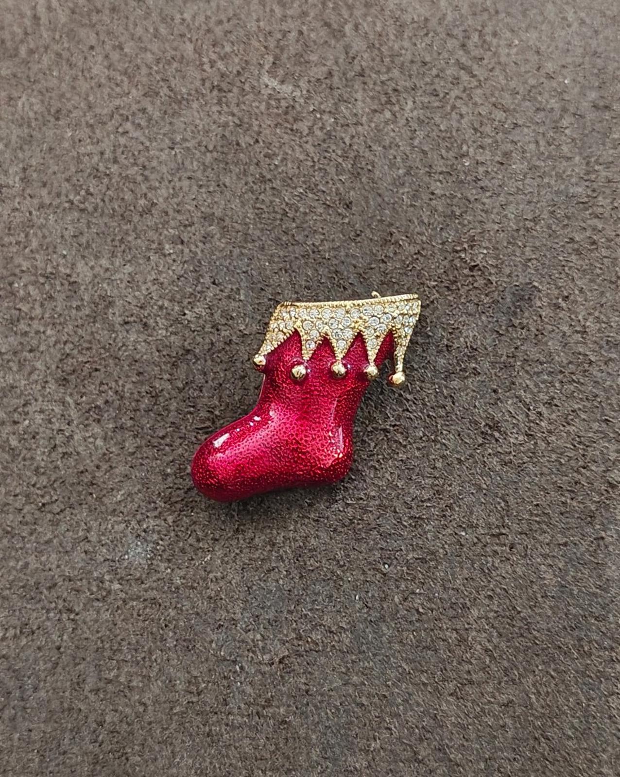 1990's Gold Tone Enamel With Crystal Rhinestones Santa Boot/Stocking Brooch