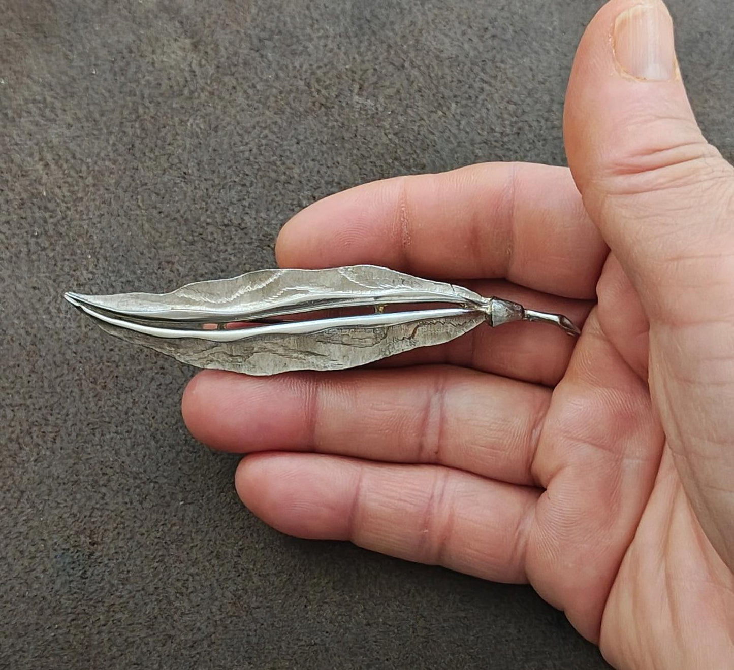 1970s Silver Tone Hand Forged Hammered Leaf Brooch