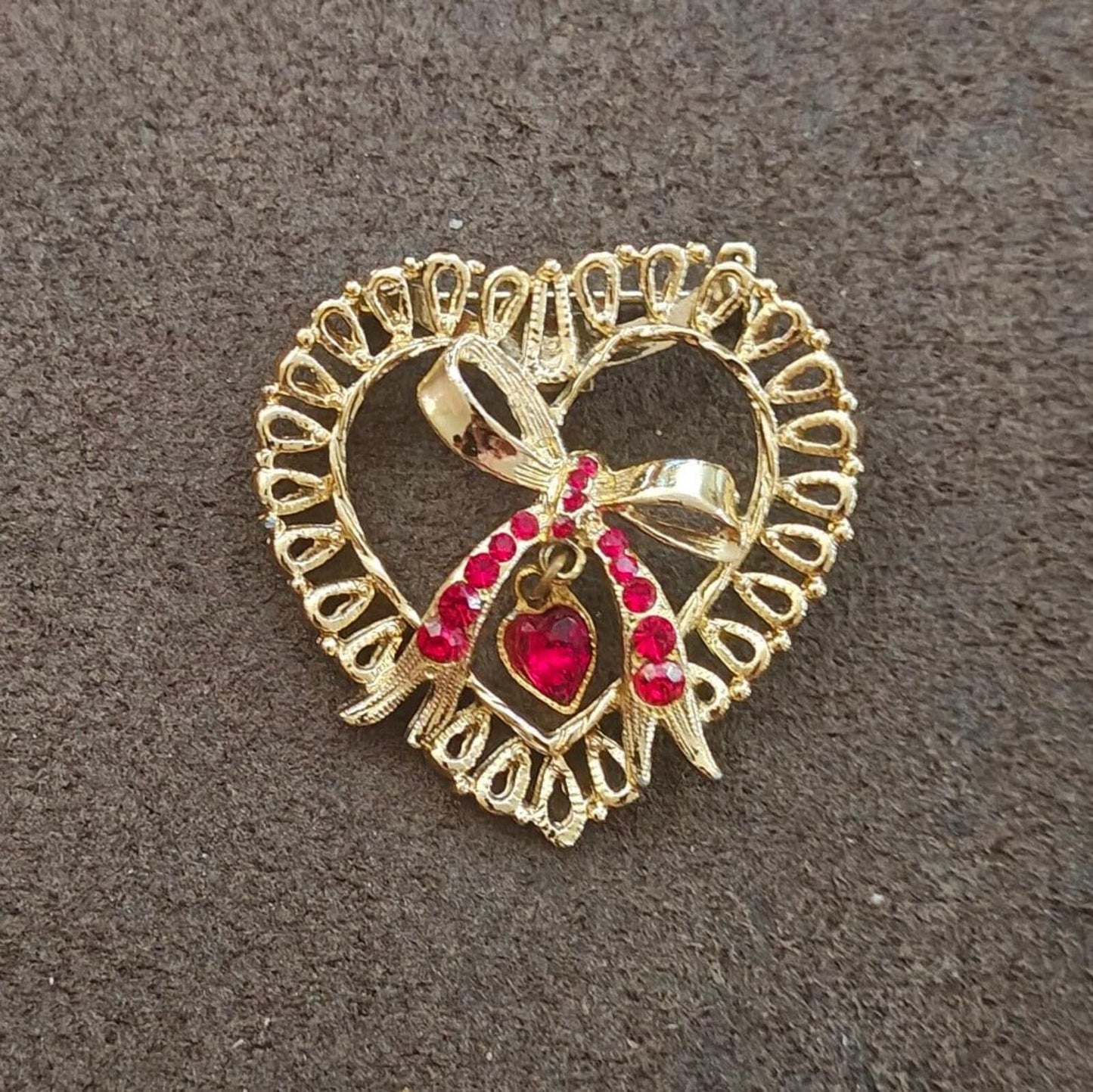 1980s  Gold Tone With Red Rhinestone Accents & a Dangling Center Heart Brooch