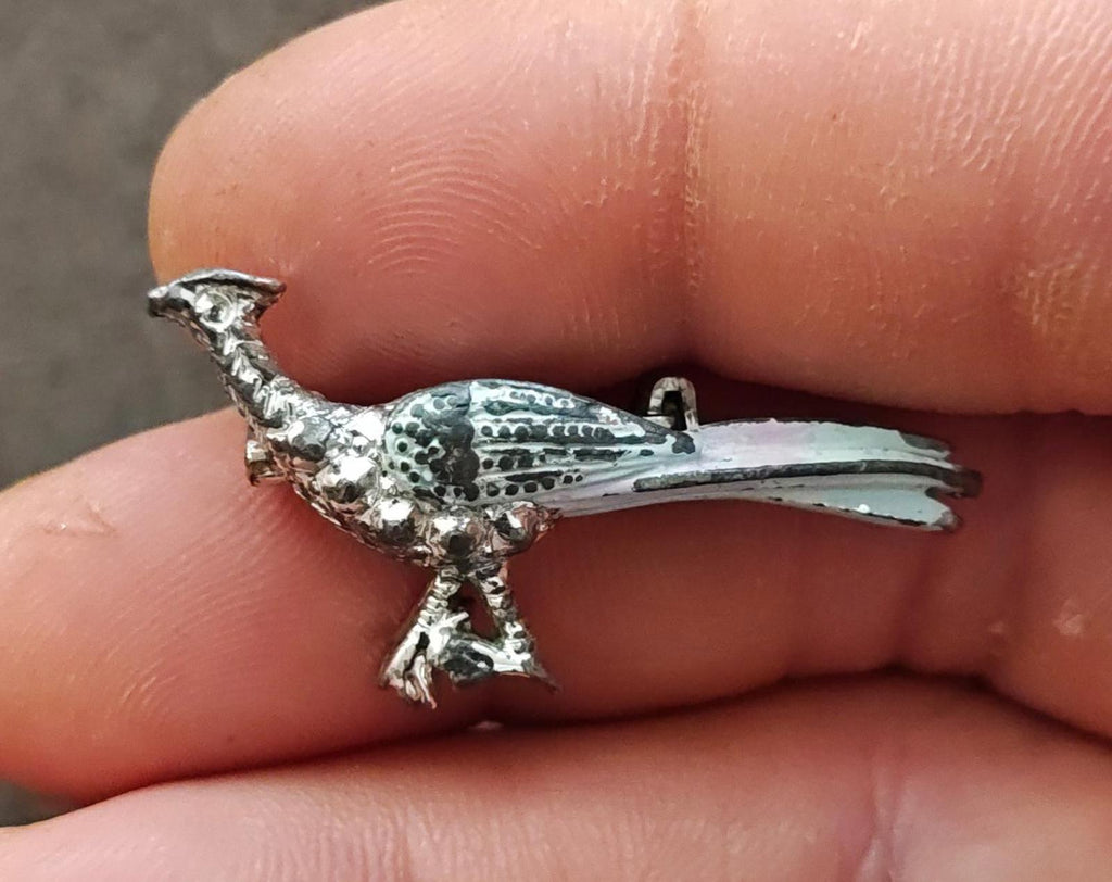 Road runner bird enamel brooch in silver tone with blue-green body and wing