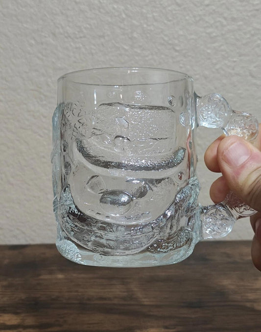 1980s Luminarc Snowman With Snowflakes 3D Embossed Clear Glass Mug